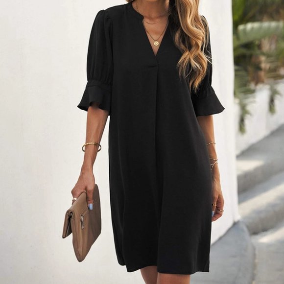 Dresses & Skirts - LUNE Notched Neck Flounce Sleeve Tunic Dress